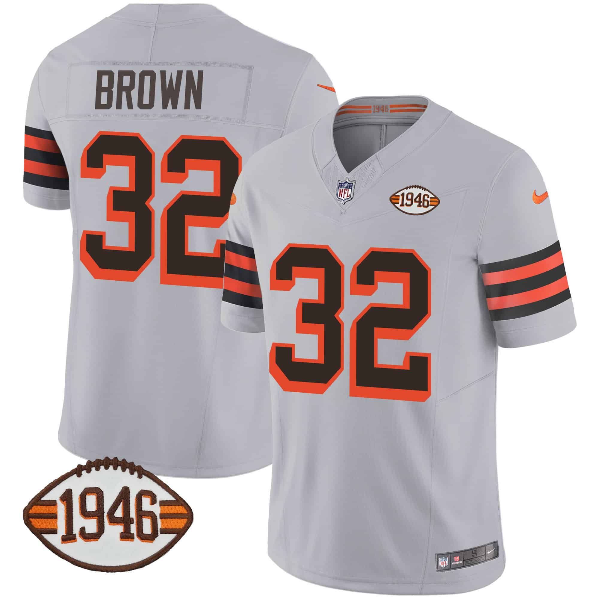 Men Cleveland Browns 32 Brown Grey 1946 75th Anniversary Patch 2024 Nike NFL Jersey